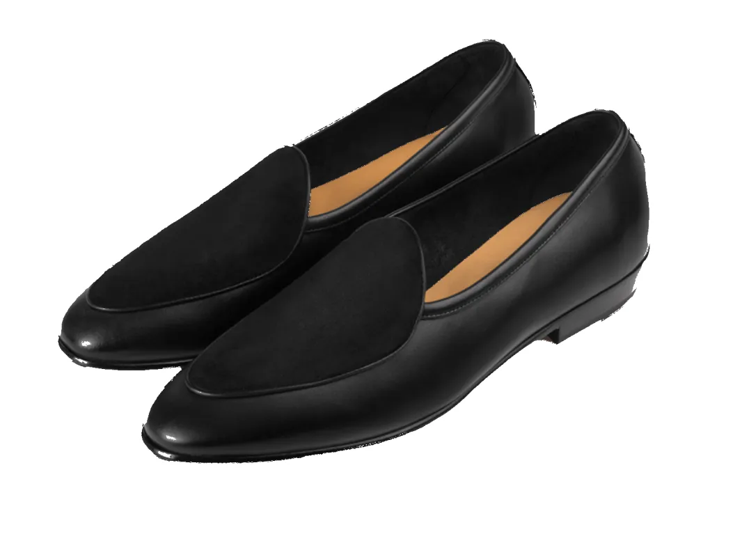 Sagan Classic Loafers in Black Drape Calf and Obsidian Black Suede with Rubber Grip made by Baudoin & Lange