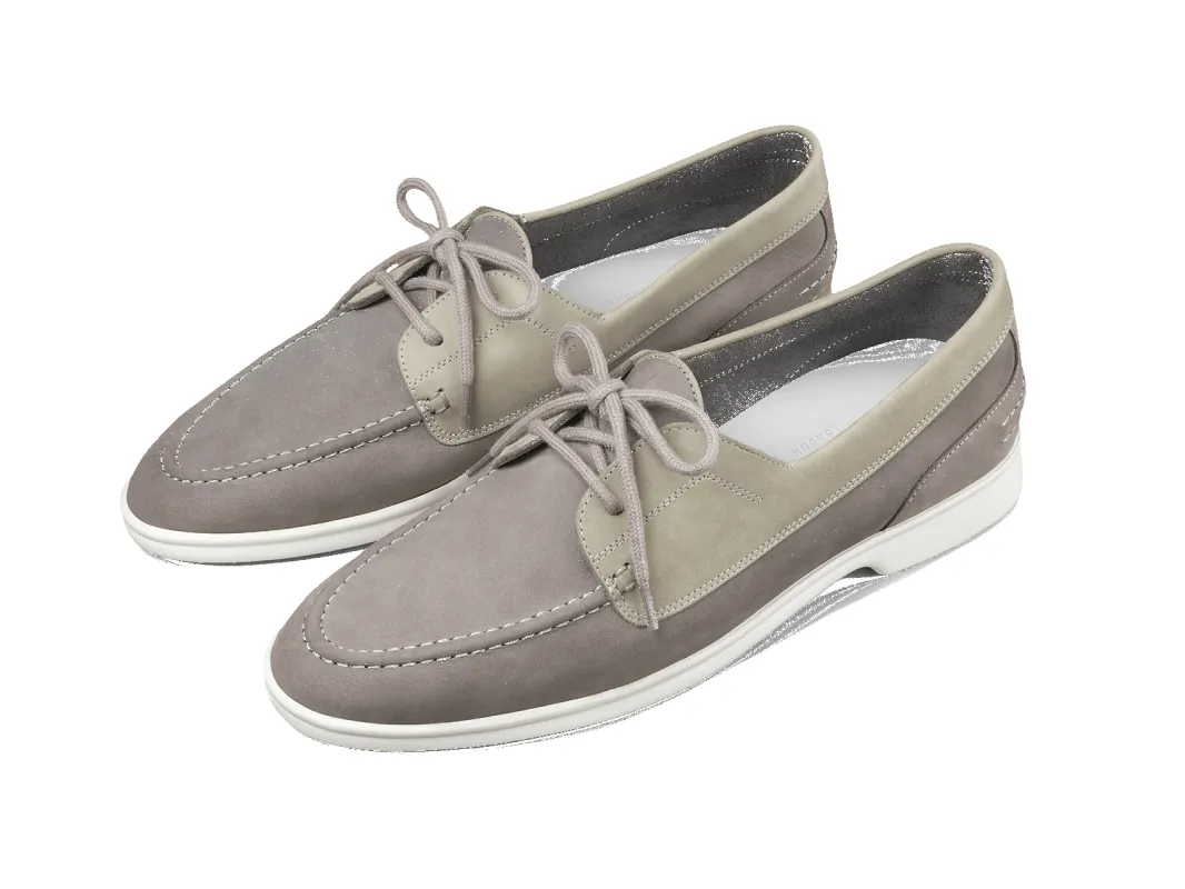 Decks in Galet Grey Nubuck White Sole made by Baudoin & Lange