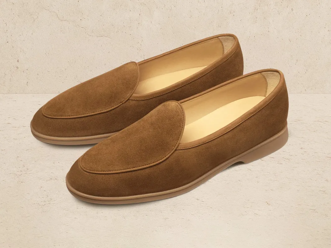 Stride Loafers in Earth Glove Suede Caramel Sole made by Baudoin & Lange