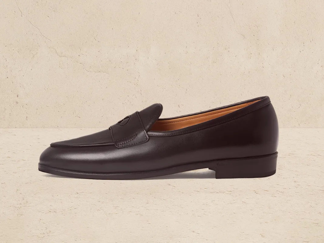 Grand Fenelon Penny Loafers in Dark Brown Noble Suede made by Baudoin & Lange