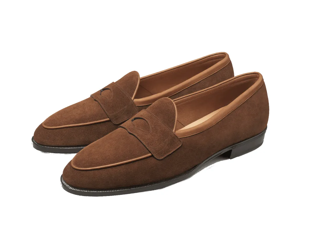 Grand Fenelon Penny Loafers in Tan Noble Suede made by Baudoin & Lange