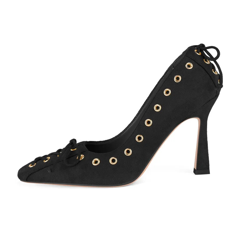 Suede Pointed Toe Grommet Lace-up Pumps sold by Miss Heel