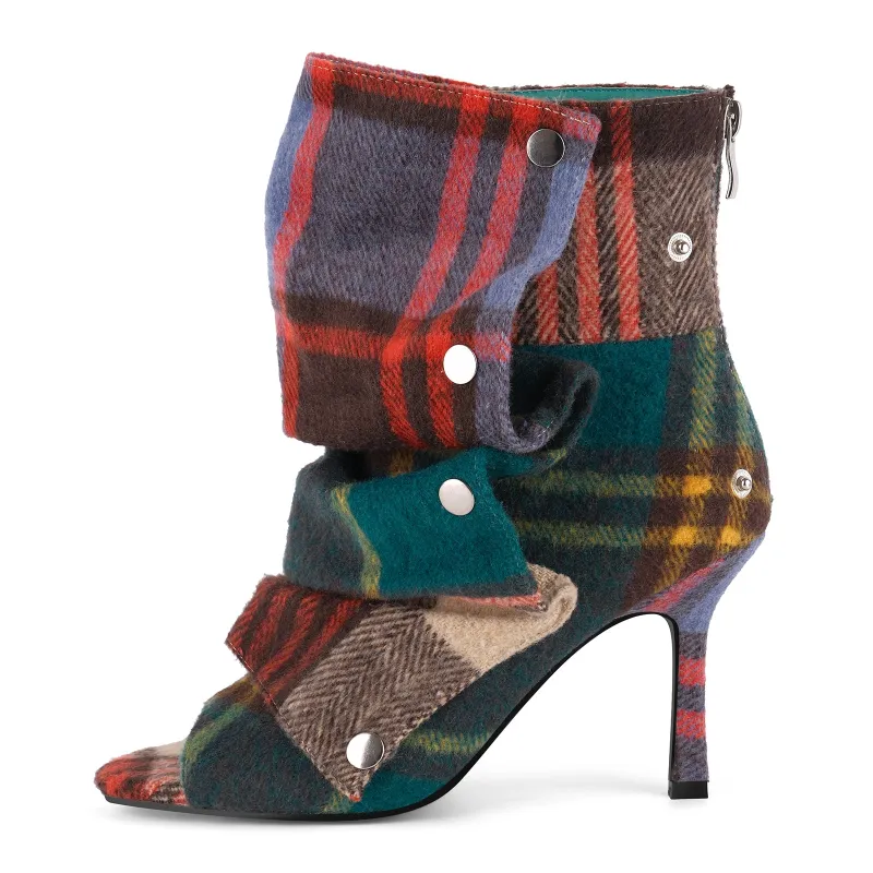 Open Toe Plaid Removable Ankle Boots sold by Miss Heel