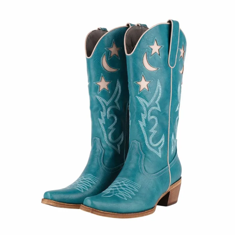 Embroidery Chunky Heel Mid-Calf Western Boots sold by Miss Heel