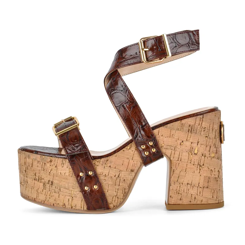 Wood Grain Platform Cross Buckle Strap Sandals sold by Miss Heel
