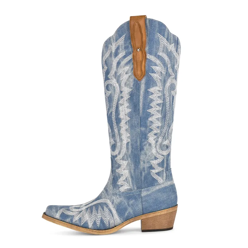 Denim Embroidery Knee High Western Boots sold by Miss Heel