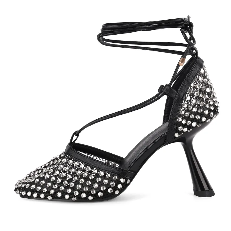 Mesh Rhinestone Square Toe Lace-up High Heels sold by Miss Heel
