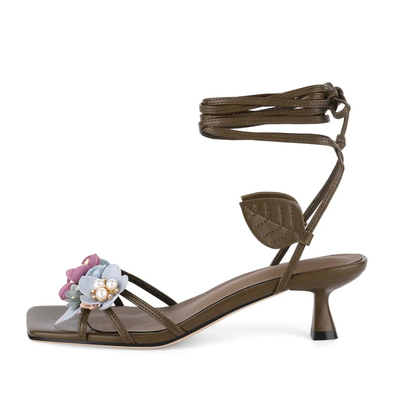 Square Toe Floral Lace-up Kitten Heel Sandals sold by Miss Heel