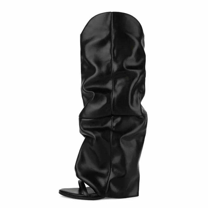 Round Toe Fold Over Knee High Bootie Sandals sold by Miss Heel