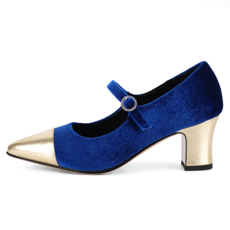 Suede Mary Jane Metallic Chunky Heel Pumps sold by Miss Heel