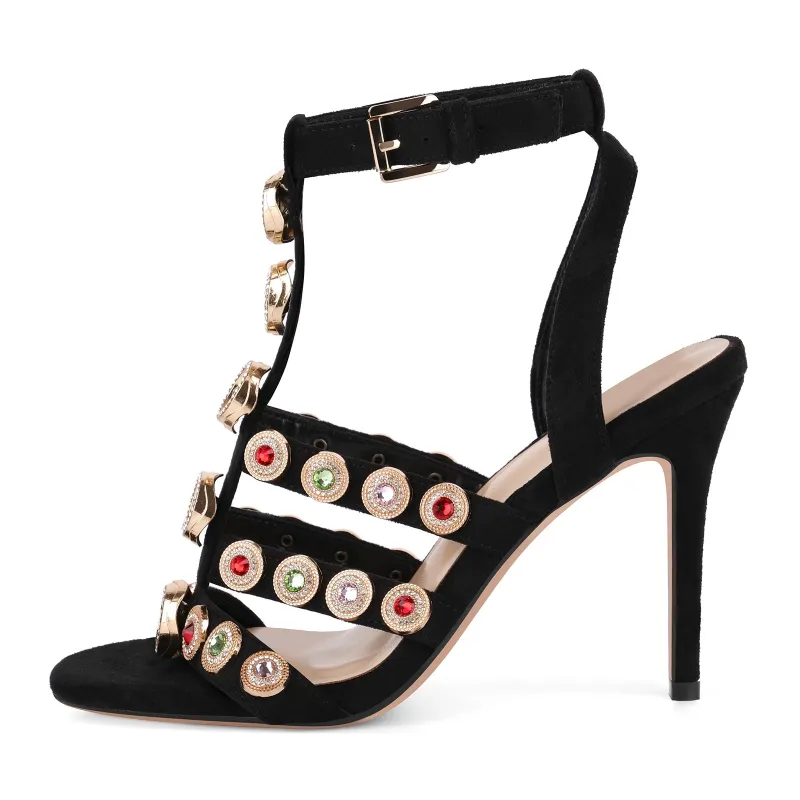 Suede Multi-colored Rhinestone T-Strap Sandals sold by Miss Heel