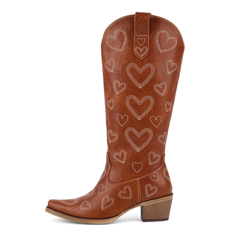Heart Embroidery Knee High Western Boots sold by Miss Heel