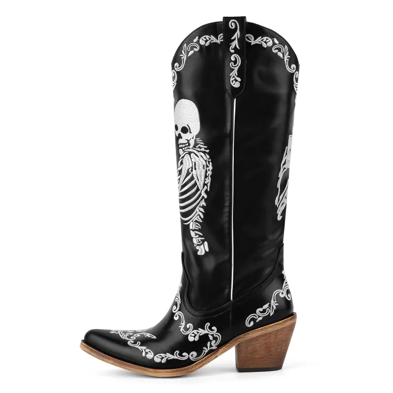 Halloween Skeleton Embroidery Knee High Western Boots sold by Miss Heel