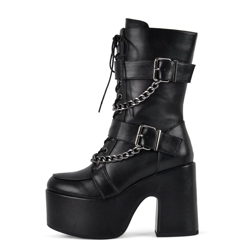 Platform Metal Chain Buckle Lace-up Ankle Boots sold by Miss Heel