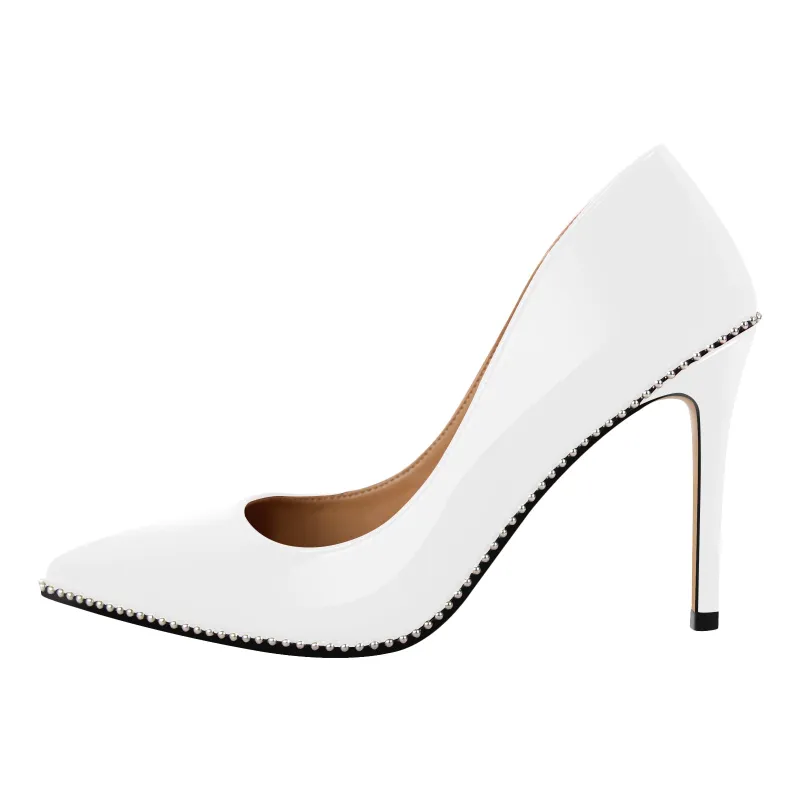 Pointed Toe Studded Stitching Patent Leather Pumps sold by Miss Heel