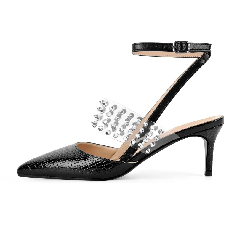 Pointed Toe Rivet Clear Ankle Strap Pumps sold by Miss Heel
