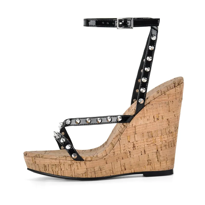Wood Grain Platform Wedge Heel Rivet Sandals sold by Miss Heel