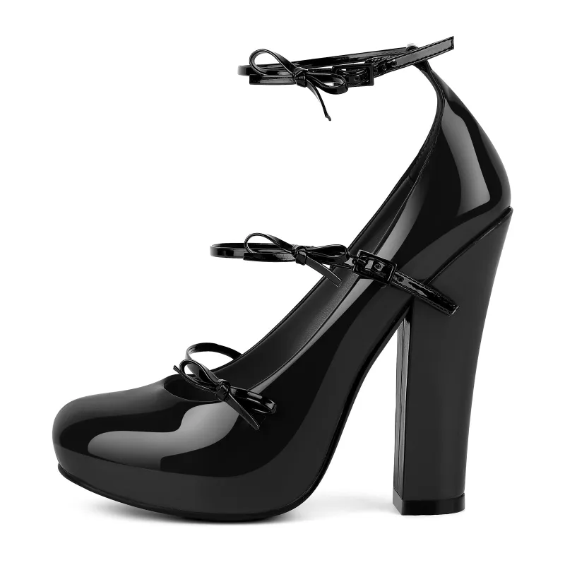 Platform Bow Buckle Strap Patent Leather Pumps sold by Miss Heel