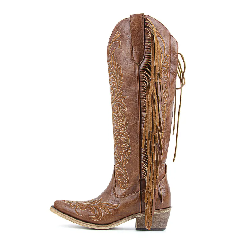 Fringe Embroidery Knee High Western Boots sold by Miss Heel