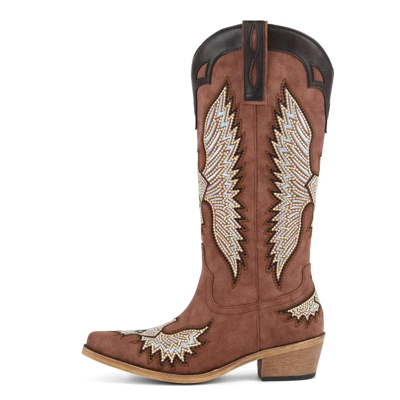 Pointed Toe Embroidery Knee High Western Boots sold by Miss Heel