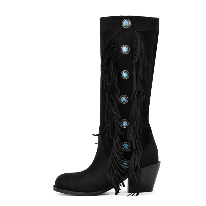 Suede Round Toe Fringe Knee High Western Boots sold by Miss Heel