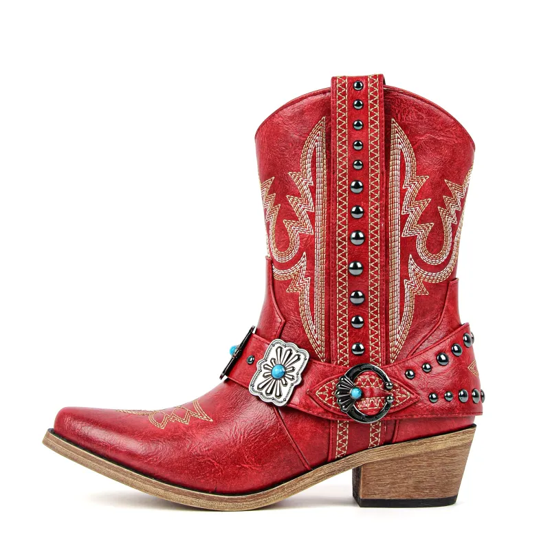 Embroidery Rivet Buckle Ankle Western Boots sold by Miss Heel