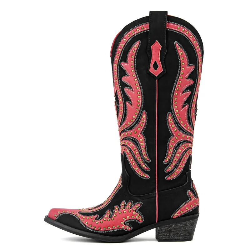 Pointed Toe Rivet Knee High Western Boots sold by Miss Heel