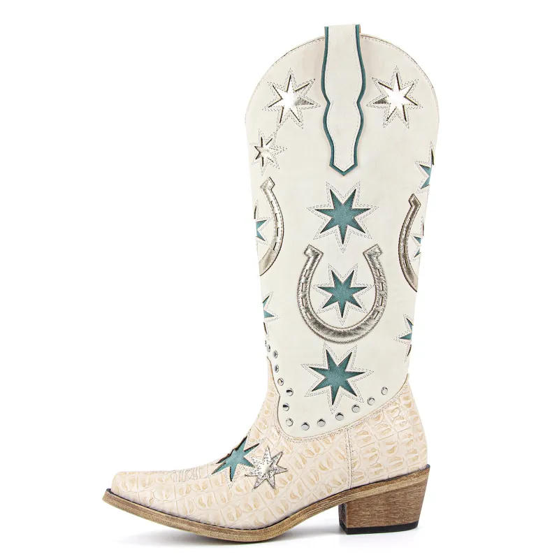 Pointed Toe Split Joint Rivet Knee High Western Boots made by Miss Heel