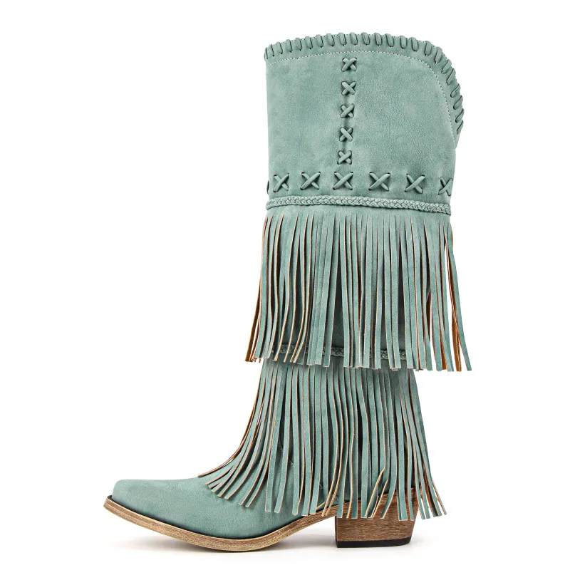 Double-layered Fringe Knee High Western Boots sold by Miss Heel