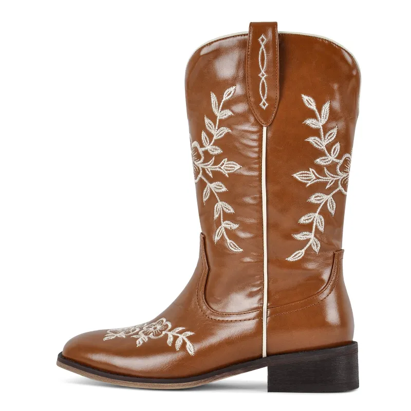 Square Toe Floral Embroidery Ankle Western Boots sold by Miss Heel