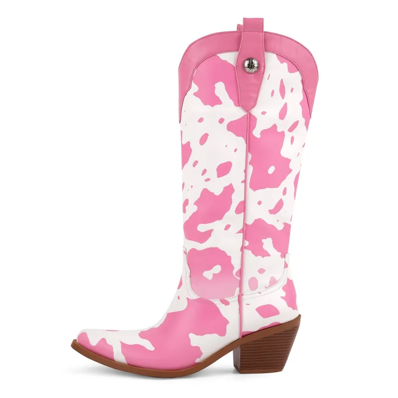 Pointed Toe Cow Print Knee High Western Boots sold by Miss Heel