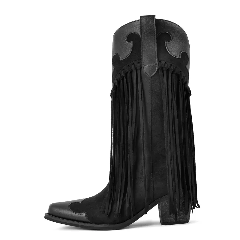 Pointed Toe Suede Fringe Knee High Western Boots sold by Miss Heel
