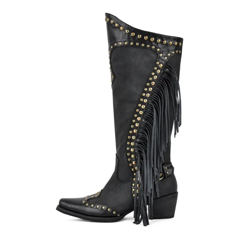 Rivet Fringe Knee High Western Boots sold by Miss Heel