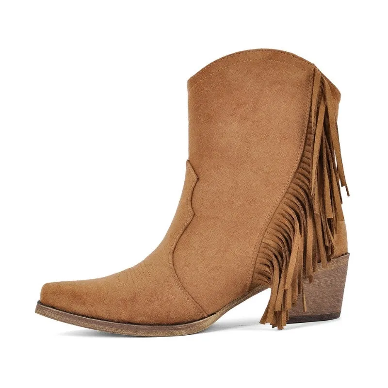 Suede Fringe Chunky Heel Ankle Western Boots sold by Miss Heel