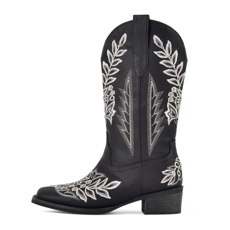 Square Toe Embroidery Mid-Calf Western Boots sold by Miss Heel