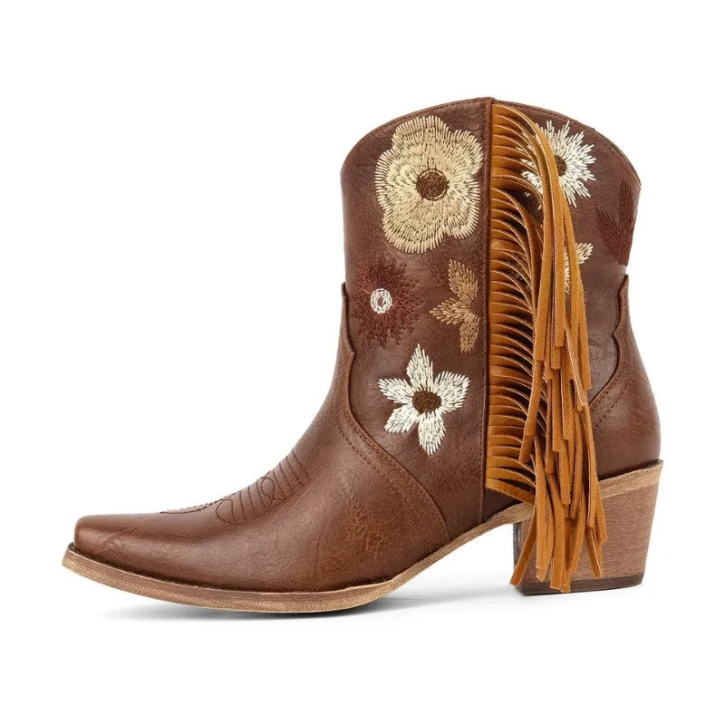 Floral Embroidery Fringe Ankle Western Boots sold by Miss Heel