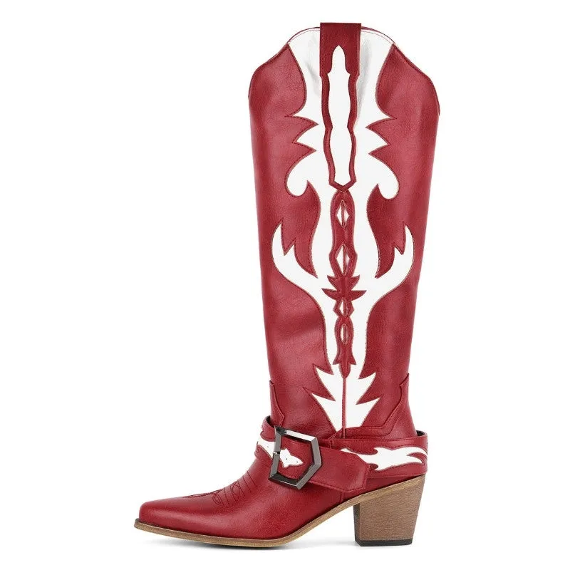 Pointed Toe Buckle Strap Knee High Western Boots sold by Miss Heel