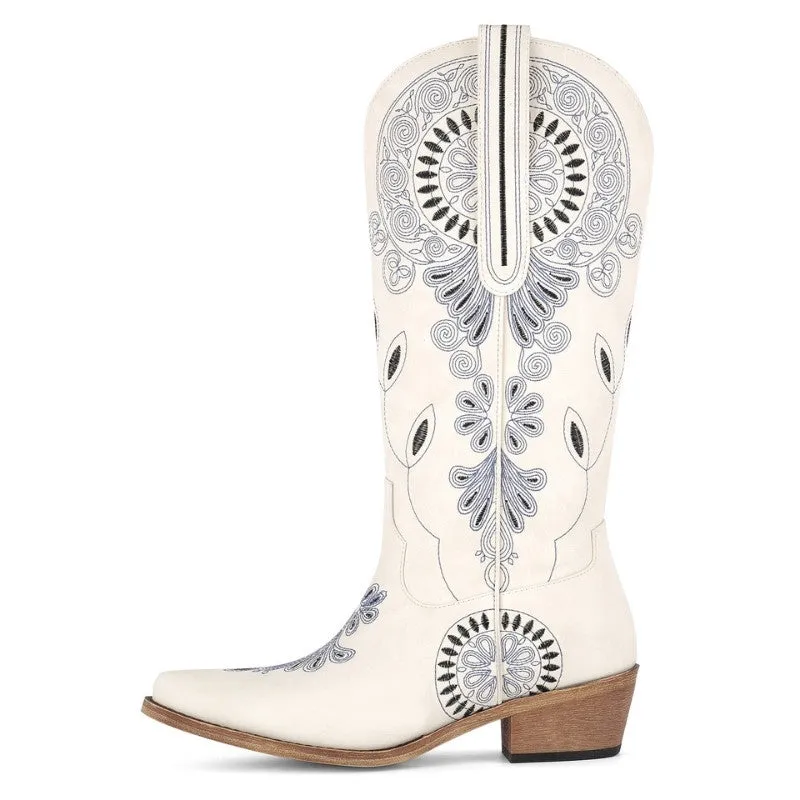 Embroidery Chunky Heel Mid-Calf Western Boots sold by Miss Heel