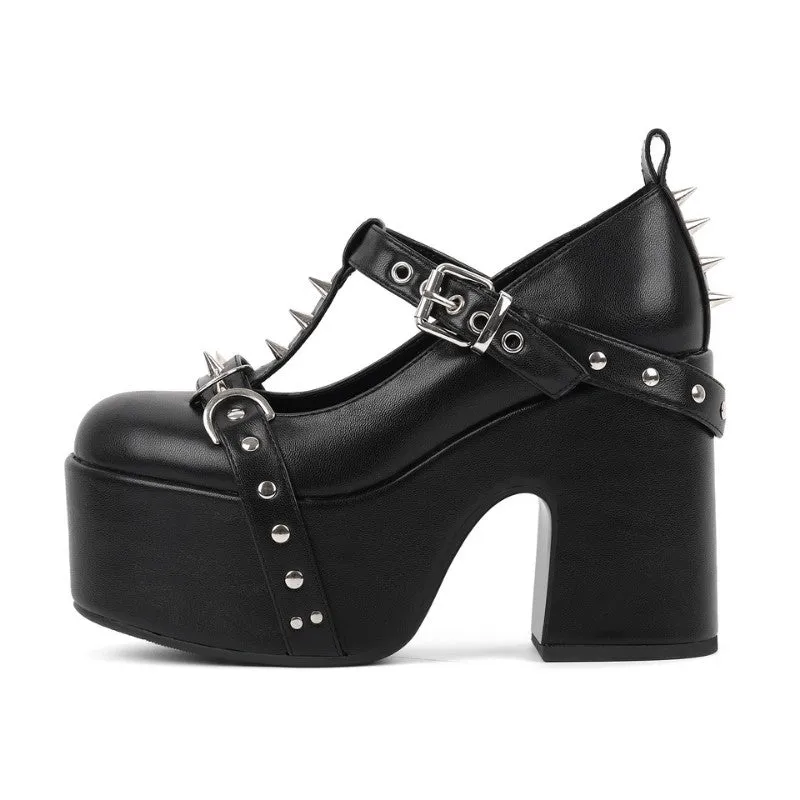 Platform Rivet Buckle T-Strap Pumps sold by Miss Heel
