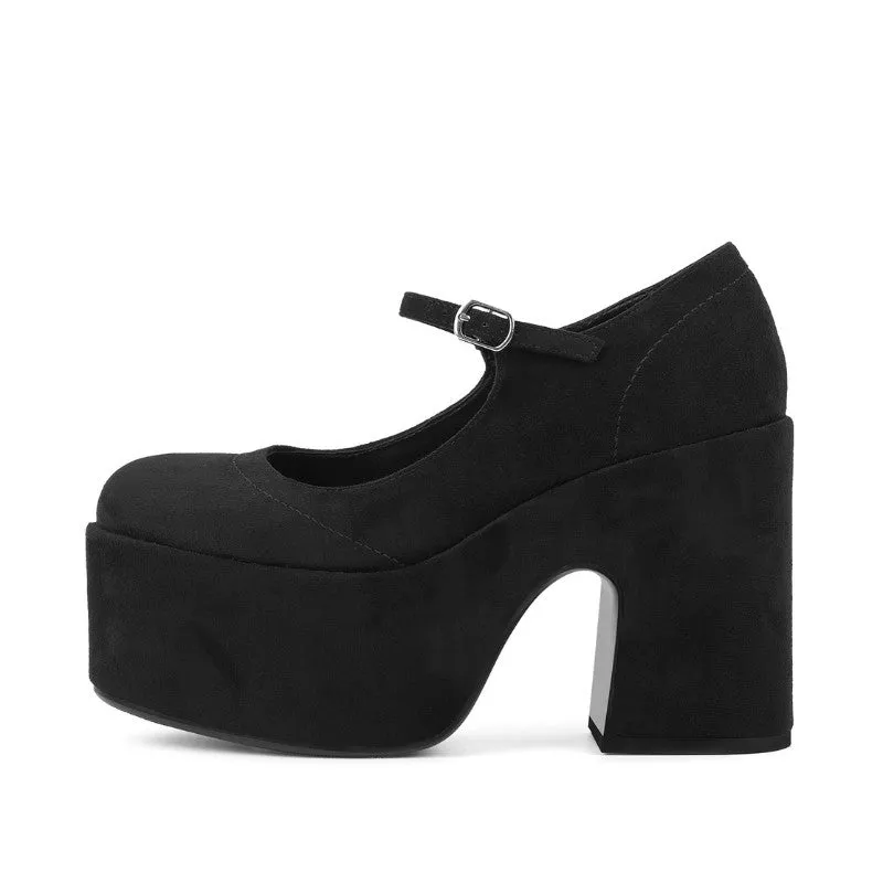 Suede Platform Mary Jane Chunky Heel Pumps sold by Miss Heel