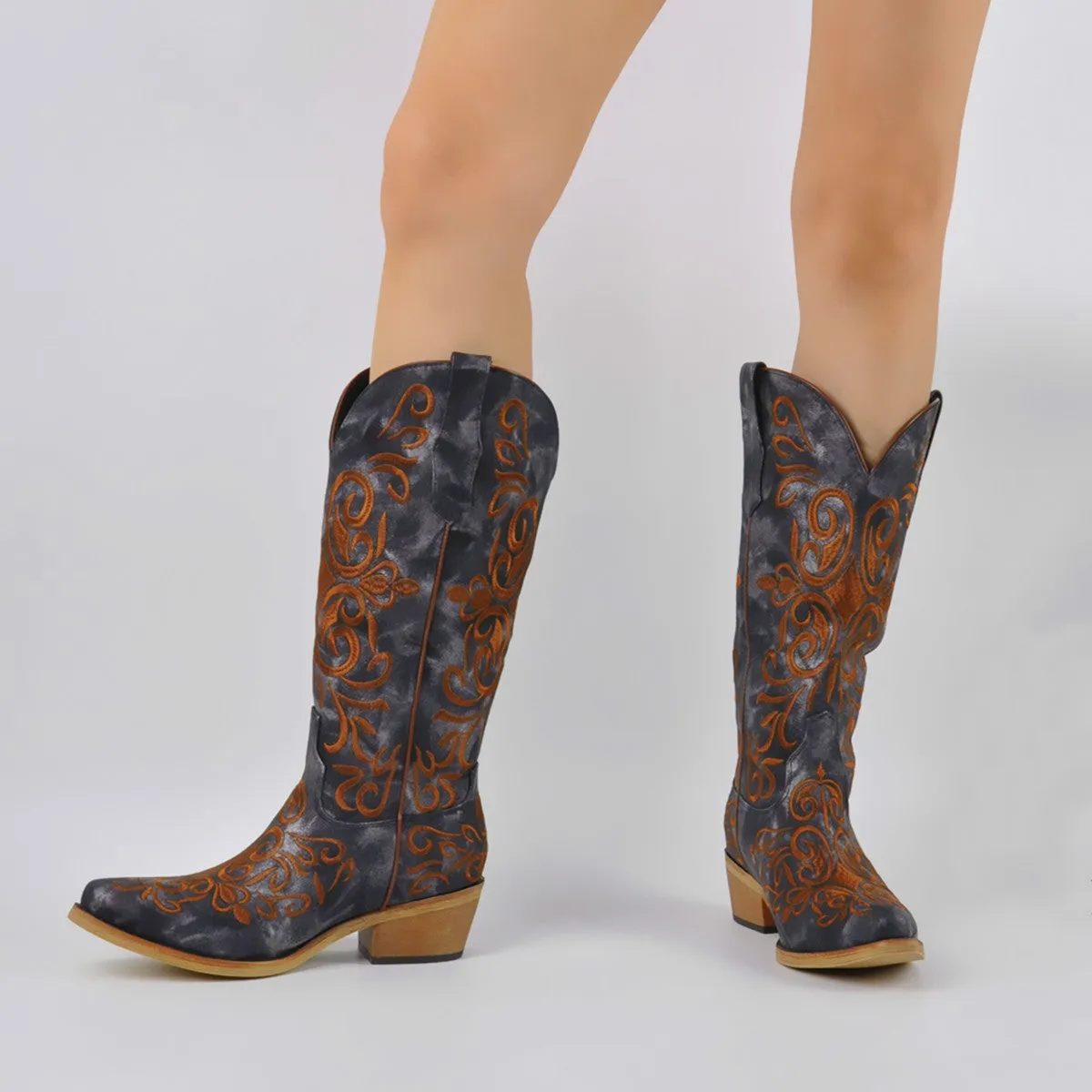 Wooden Heel Embroidery Knee High Western Boots sold by Miss Heel product image thumbnail 2