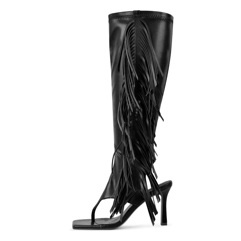 Square Toe Fringe Knee High Thong Boots sold by Miss Heel