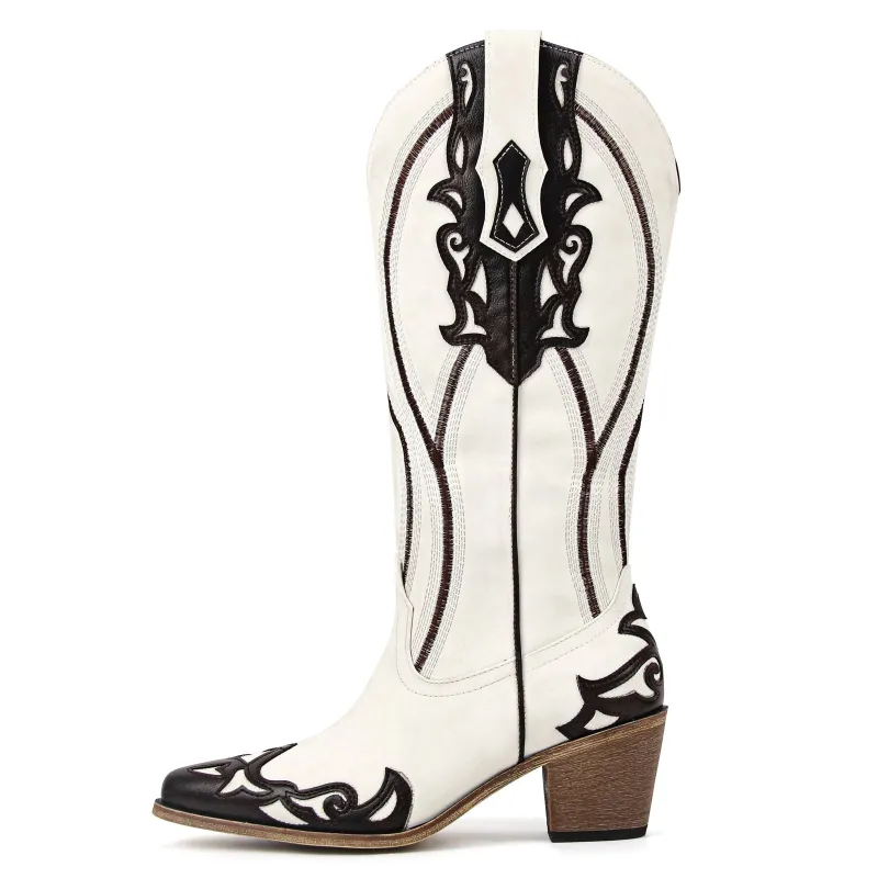 Pointed Toe Embroidery Knee High Western Boots sold by Miss Heel