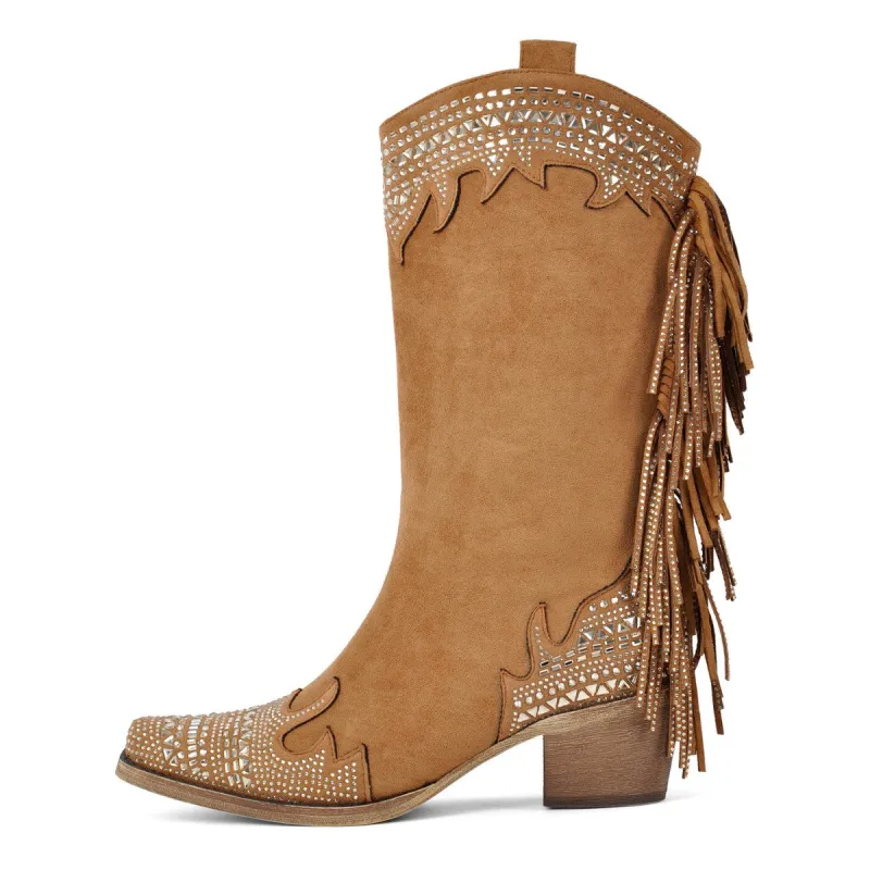 Rhinestone Fringe Suede Mid-Calf Western Boots sold by Miss Heel