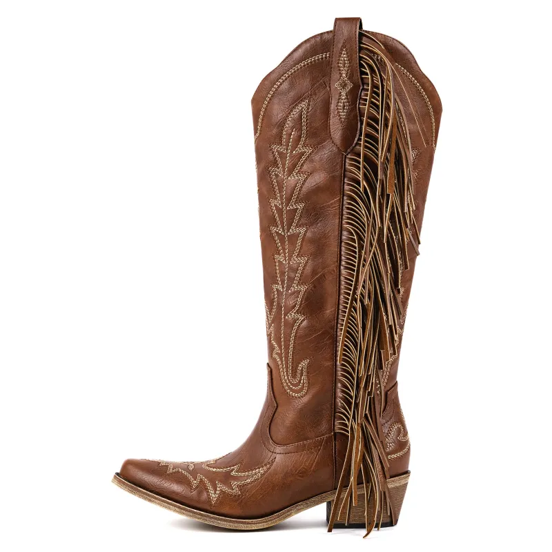 Fringe Embroidery Knee High Western Boots sold by Miss Heel