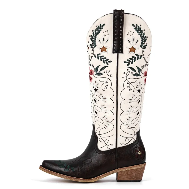 Rivet Floral Embroidery Knee High Western Boots sold by Miss Heel