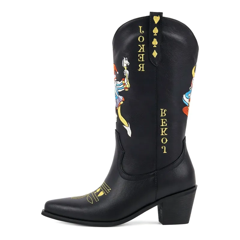 Pointed Toe Joker Embroidery Mid-Calf Western Boots sold by Miss Heel