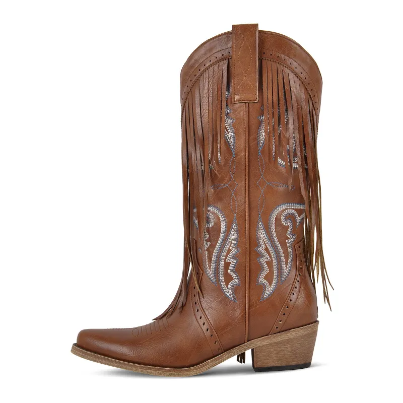 Fringe Embroidery Mid-Calf Western Boots sold by Miss Heel
