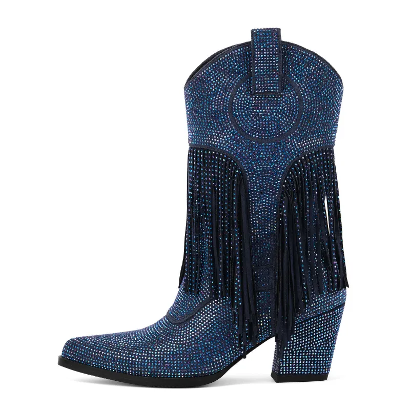 Pointed Toe Rhinestone Fringe Ankle Western Boots sold by Miss Heel