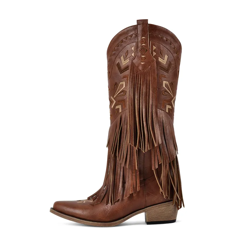 Fringe Embroidery Knee High Western Boots sold by Miss Heel